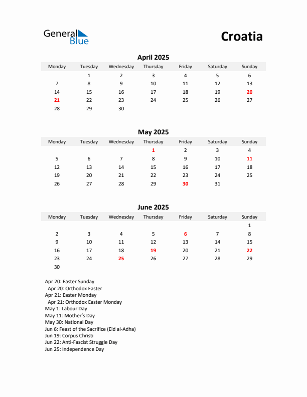 Printable Quarterly Calendar with Notes and Croatia Holidays- Q2 of 2025