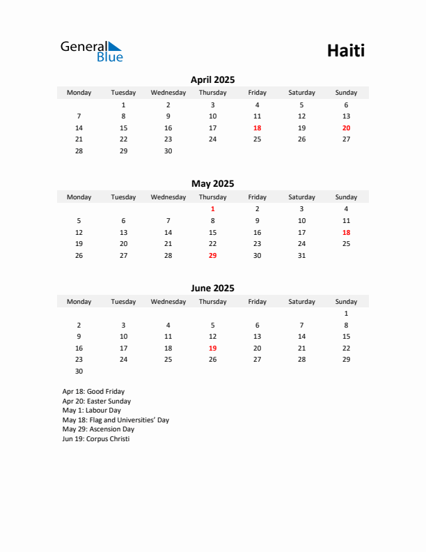 Printable Quarterly Calendar with Notes and Haiti Holidays- Q2 of 2025