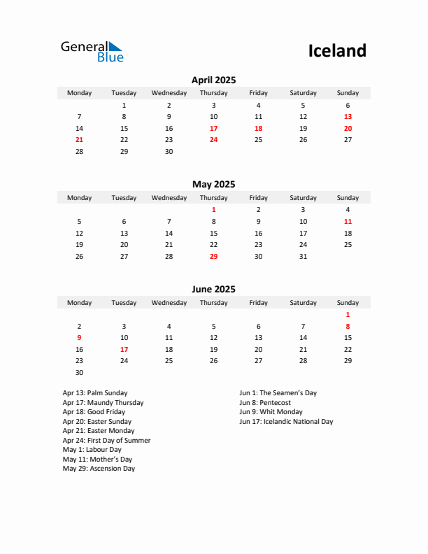 Printable Quarterly Calendar with Notes and Iceland Holidays- Q2 of 2025