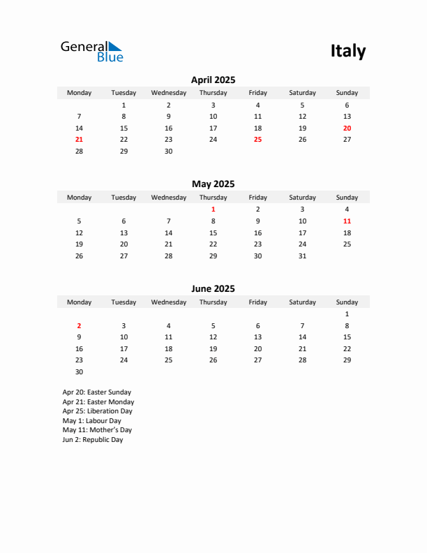 Printable Quarterly Calendar with Notes and Italy Holidays- Q2 of 2025