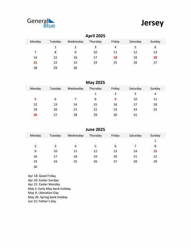 Printable Quarterly Calendar with Notes and Jersey Holidays- Q2 of 2025