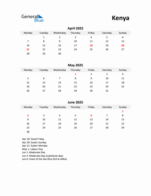 Printable Quarterly Calendar with Notes and Kenya Holidays- Q2 of 2025