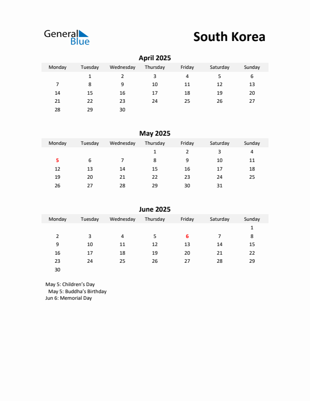 Printable Quarterly Calendar with Notes and South Korea Holidays- Q2 of 2025