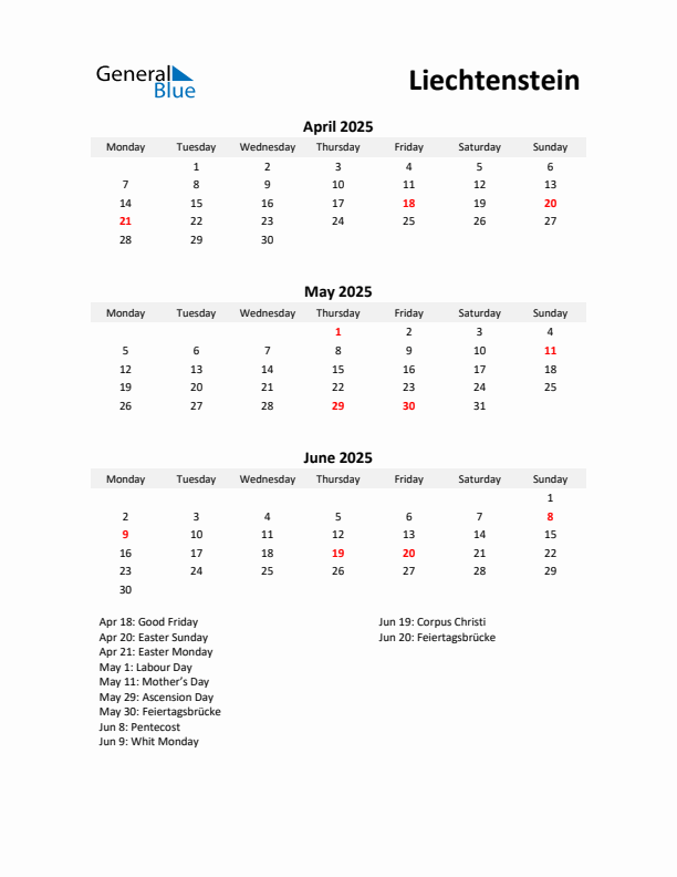 Printable Quarterly Calendar with Notes and Liechtenstein Holidays- Q2 of 2025