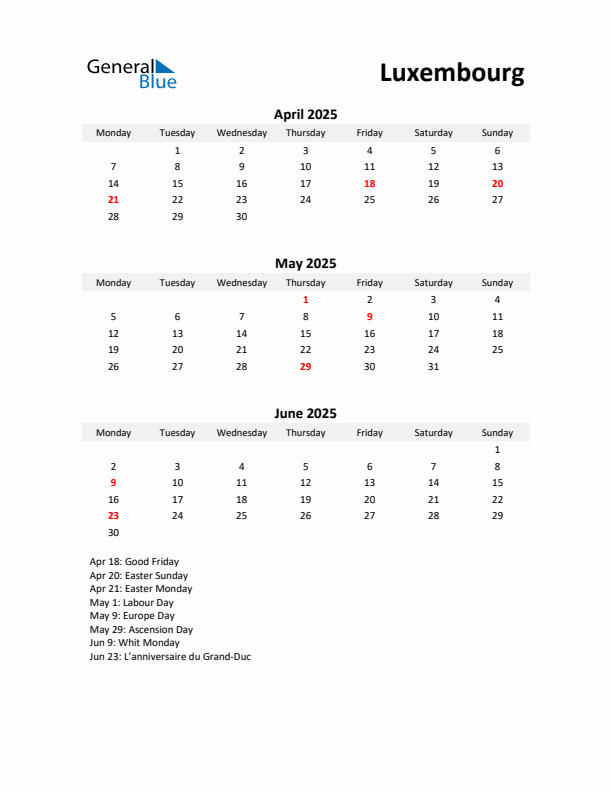 Printable Quarterly Calendar with Notes and Luxembourg Holidays- Q2 of 2025