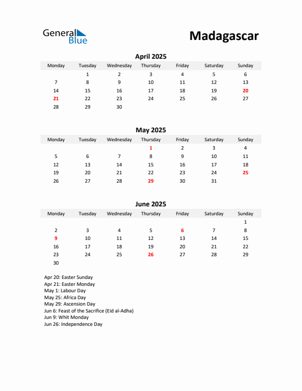 Printable Quarterly Calendar with Notes and Madagascar Holidays- Q2 of 2025