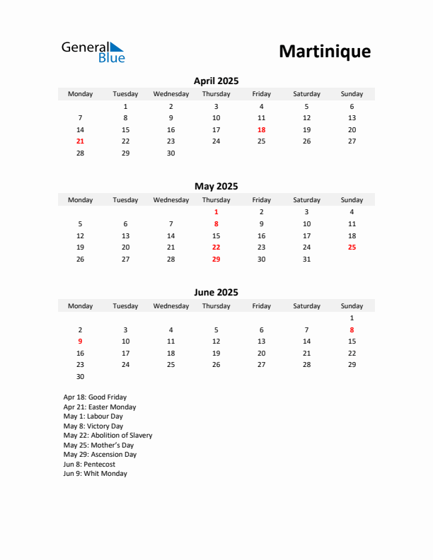 Printable Quarterly Calendar with Notes and Martinique Holidays- Q2 of 2025