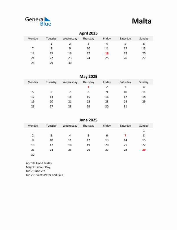 Printable Quarterly Calendar with Notes and Malta Holidays- Q2 of 2025