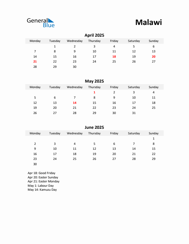 Printable Quarterly Calendar with Notes and Malawi Holidays- Q2 of 2025