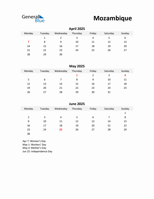 Printable Quarterly Calendar with Notes and Mozambique Holidays- Q2 of 2025