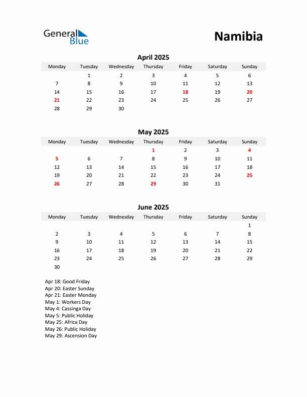 Printable Quarterly Calendar with Notes and Namibia Holidays- Q2 of 2025