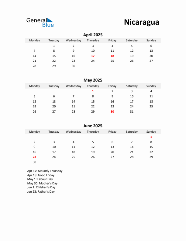 Printable Quarterly Calendar with Notes and Nicaragua Holidays- Q2 of 2025