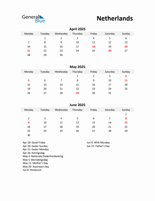 Printable Quarterly Calendar with Notes and The Netherlands Holidays- Q2 of 2025