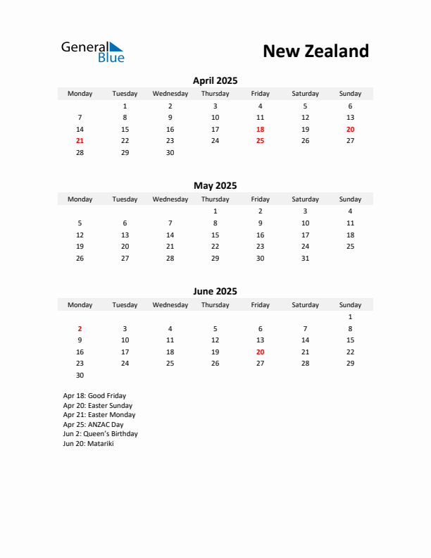 Printable Quarterly Calendar with Notes and New Zealand Holidays- Q2 of 2025