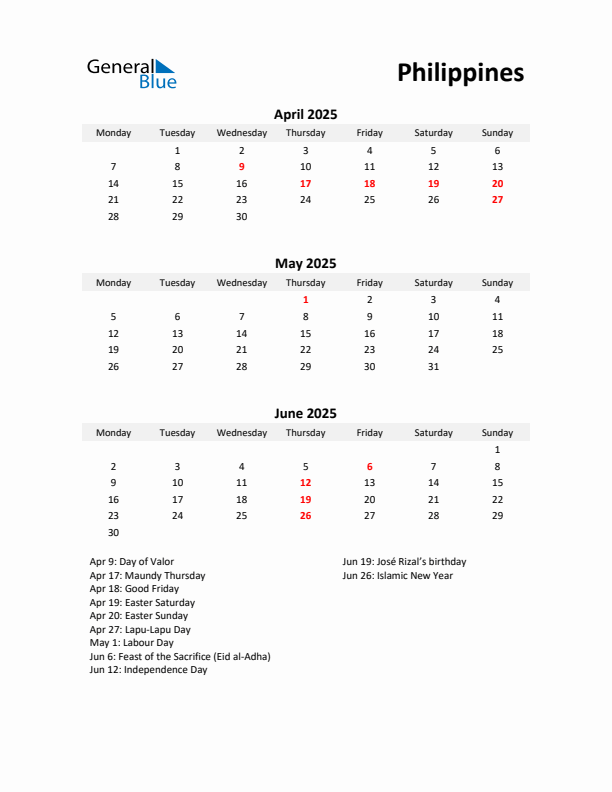 Printable Quarterly Calendar with Notes and Philippines Holidays- Q2 of 2025