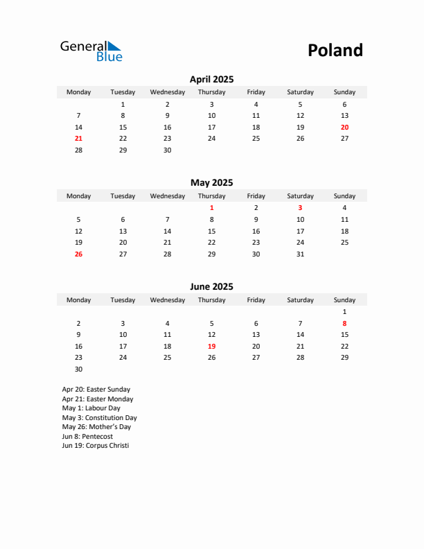 Printable Quarterly Calendar with Notes and Poland Holidays- Q2 of 2025