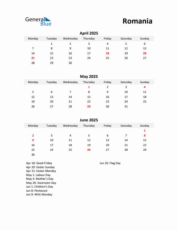 Printable Quarterly Calendar with Notes and Romania Holidays- Q2 of 2025