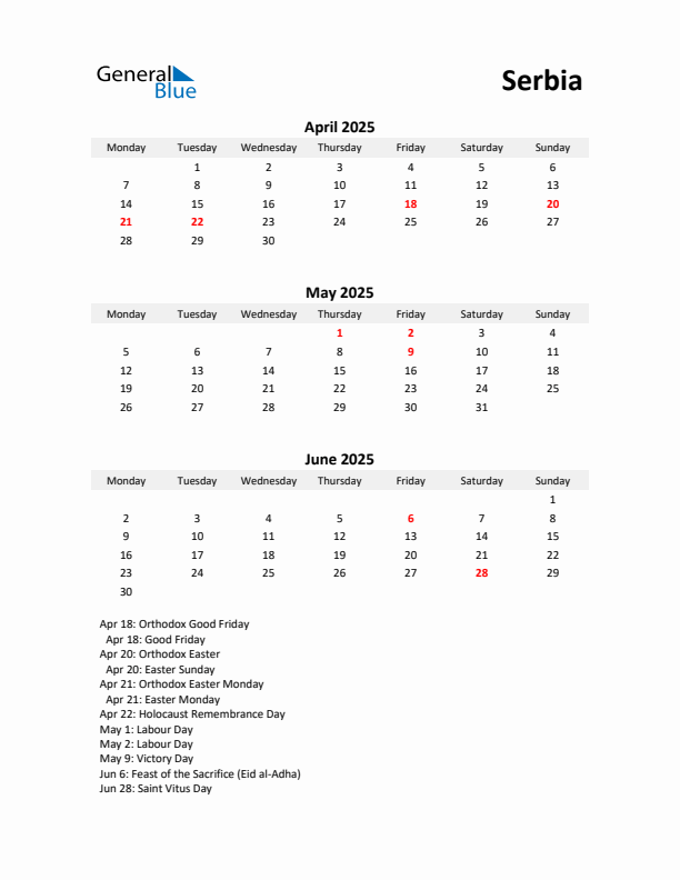 Printable Quarterly Calendar with Notes and Serbia Holidays- Q2 of 2025