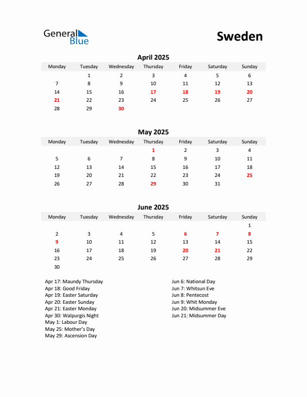 Printable Quarterly Calendar with Notes and Sweden Holidays- Q2 of 2025