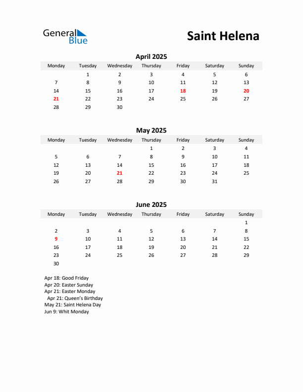 Printable Quarterly Calendar with Notes and Saint Helena Holidays- Q2 of 2025