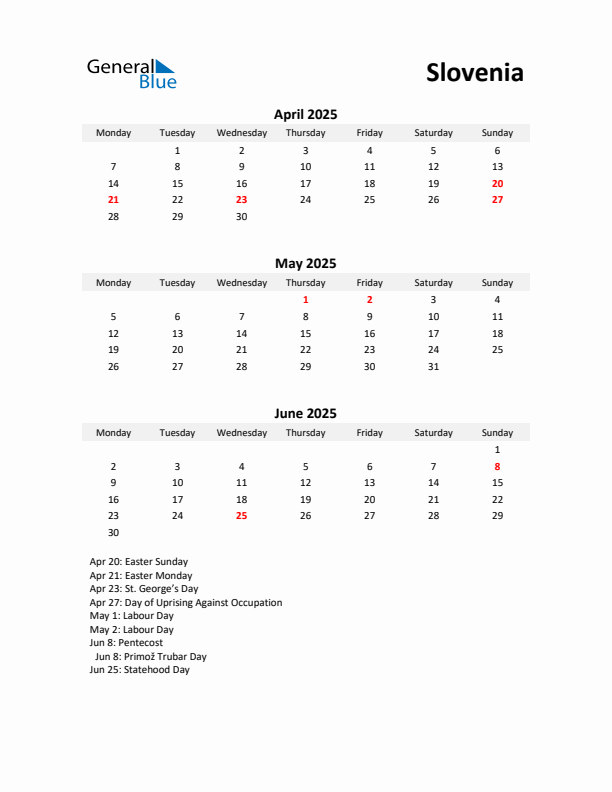 Printable Quarterly Calendar with Notes and Slovenia Holidays- Q2 of 2025