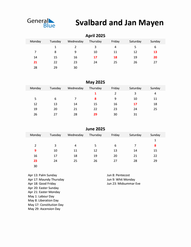 Printable Quarterly Calendar with Notes and Svalbard and Jan Mayen Holidays- Q2 of 2025