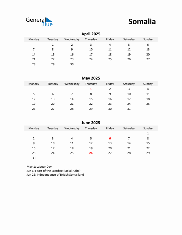 Printable Quarterly Calendar with Notes and Somalia Holidays- Q2 of 2025