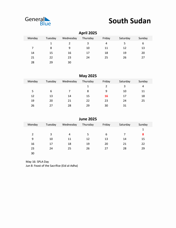 Printable Quarterly Calendar with Notes and South Sudan Holidays- Q2 of 2025