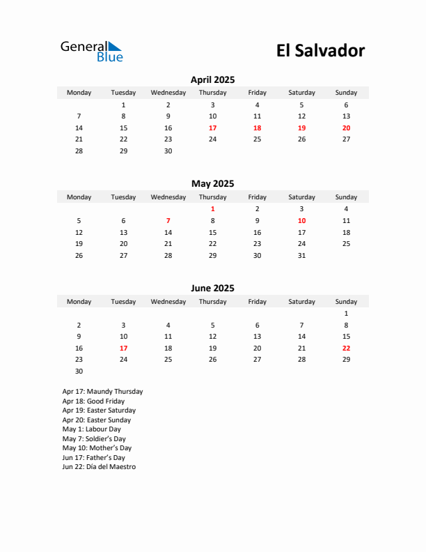 Printable Quarterly Calendar with Notes and El Salvador Holidays- Q2 of 2025