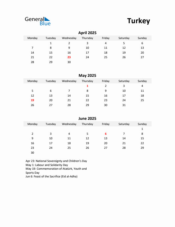 Printable Quarterly Calendar with Notes and Turkey Holidays- Q2 of 2025