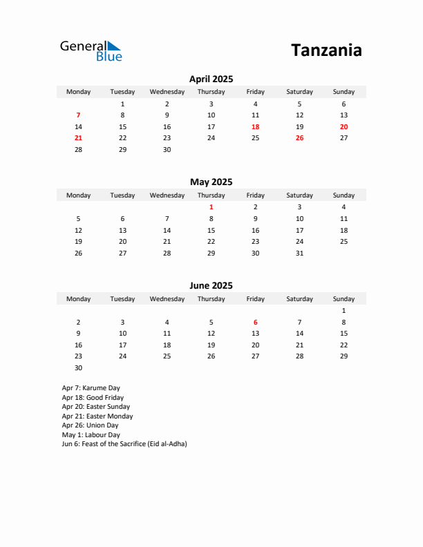 Printable Quarterly Calendar with Notes and Tanzania Holidays- Q2 of 2025