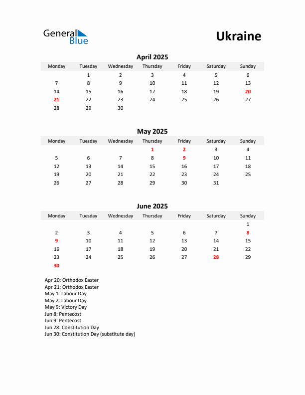 Printable Quarterly Calendar with Notes and Ukraine Holidays- Q2 of 2025