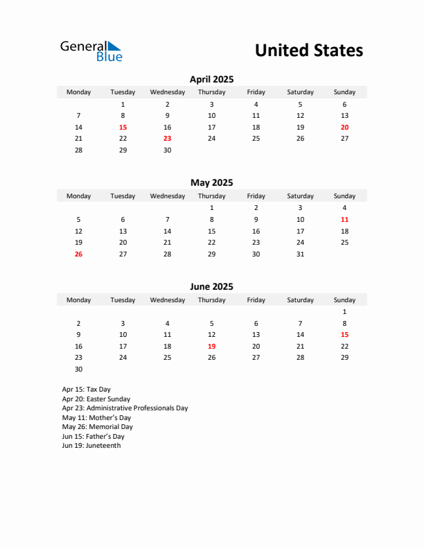 Printable Quarterly Calendar with Notes and United States Holidays- Q2 of 2025