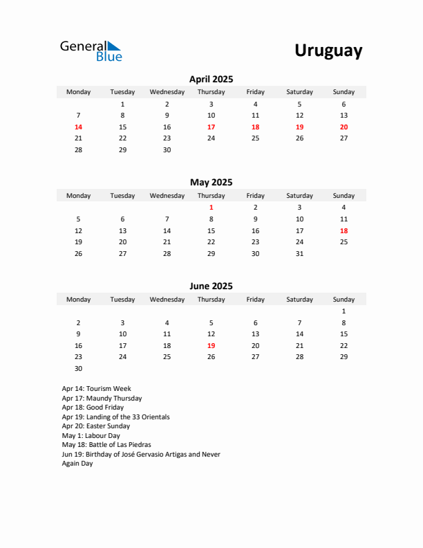 Printable Quarterly Calendar with Notes and Uruguay Holidays- Q2 of 2025