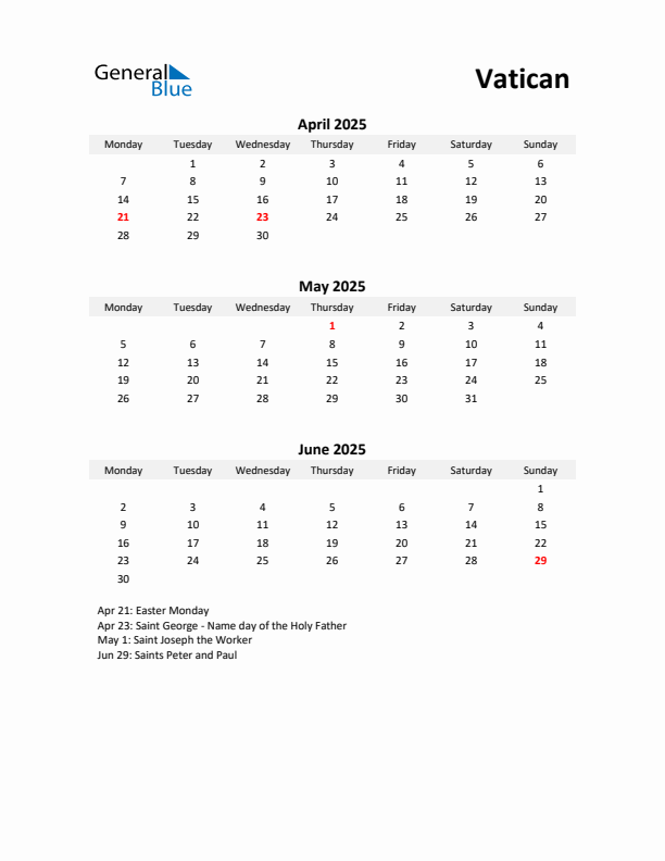 Printable Quarterly Calendar with Notes and Vatican Holidays- Q2 of 2025