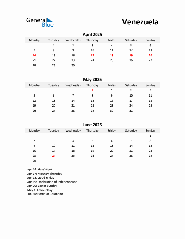 Printable Quarterly Calendar with Notes and Venezuela Holidays- Q2 of 2025