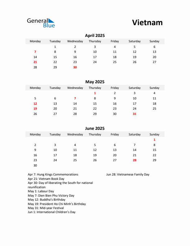 Printable Quarterly Calendar with Notes and Vietnam Holidays- Q2 of 2025