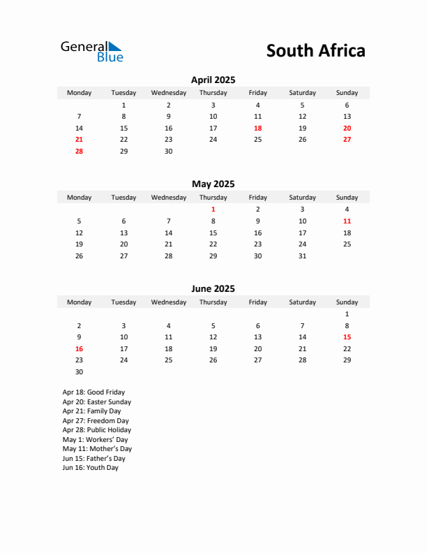 Printable Quarterly Calendar with Notes and South Africa Holidays- Q2 of 2025