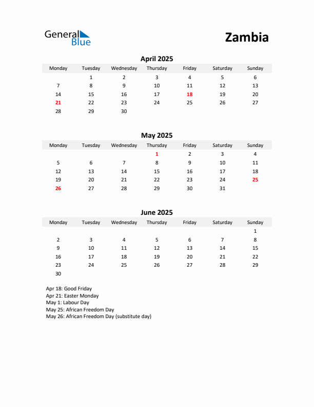 Printable Quarterly Calendar with Notes and Zambia Holidays- Q2 of 2025