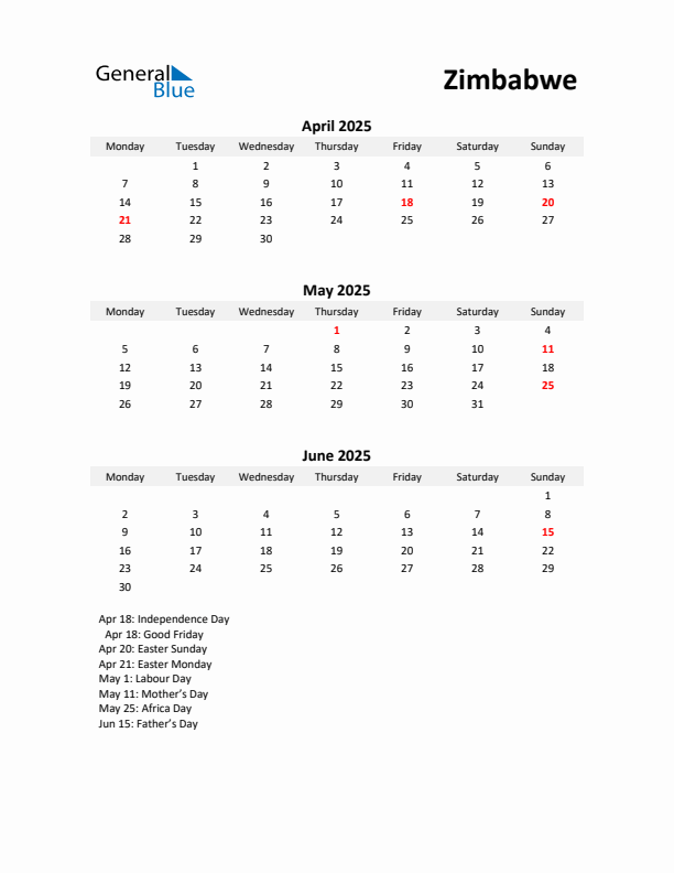 Printable Quarterly Calendar with Notes and Zimbabwe Holidays- Q2 of 2025