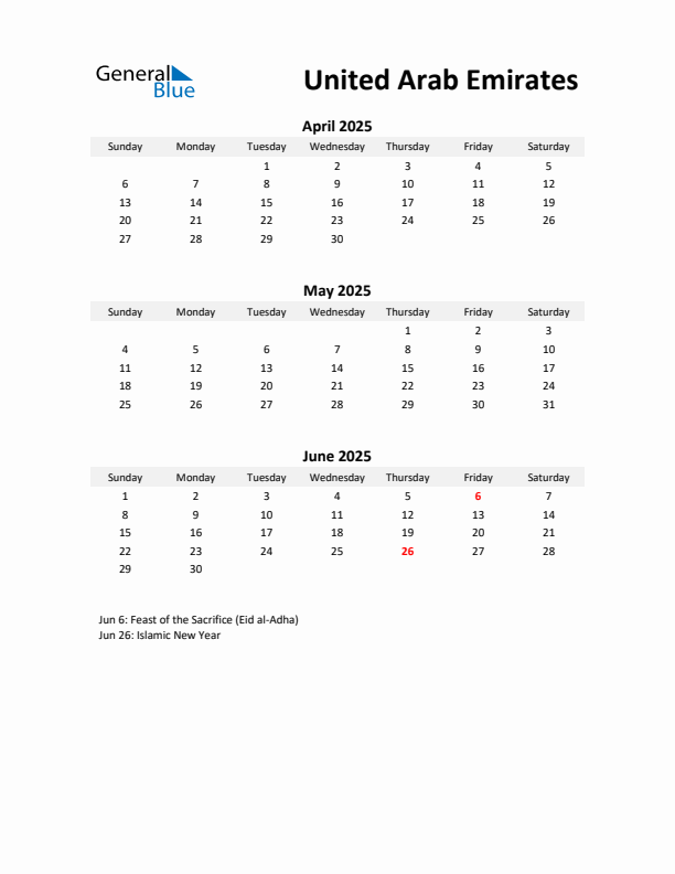 Printable Quarterly Calendar with Notes and United Arab Emirates Holidays- Q2 of 2025