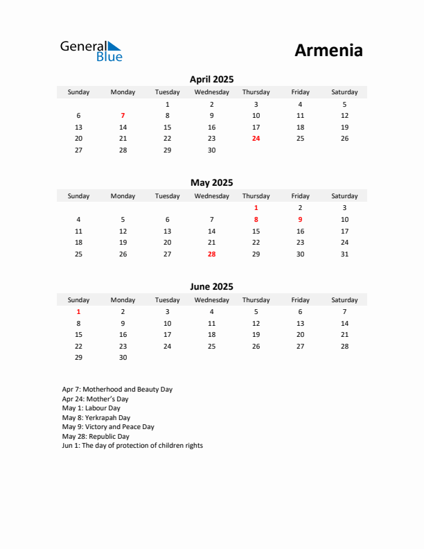 Printable Quarterly Calendar with Notes and Armenia Holidays- Q2 of 2025