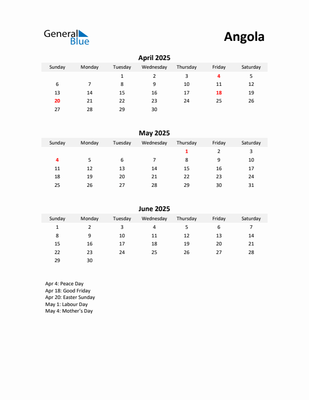 Printable Quarterly Calendar with Notes and Angola Holidays- Q2 of 2025