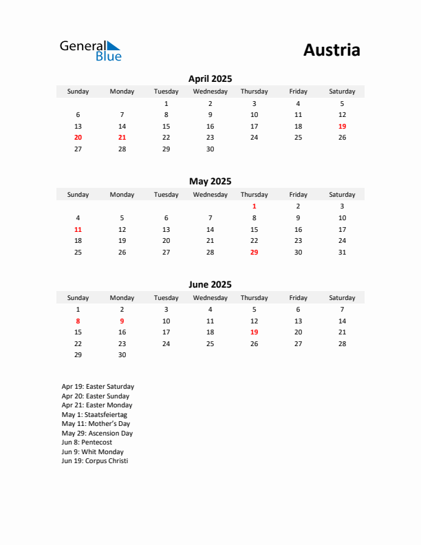 Printable Quarterly Calendar with Notes and Austria Holidays- Q2 of 2025