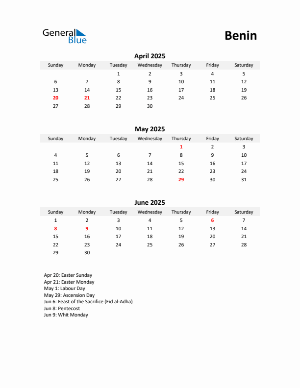 Printable Quarterly Calendar with Notes and Benin Holidays- Q2 of 2025