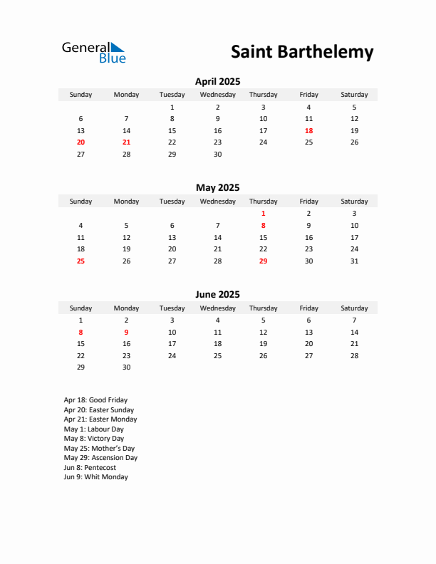 Printable Quarterly Calendar with Notes and Saint Barthelemy Holidays- Q2 of 2025