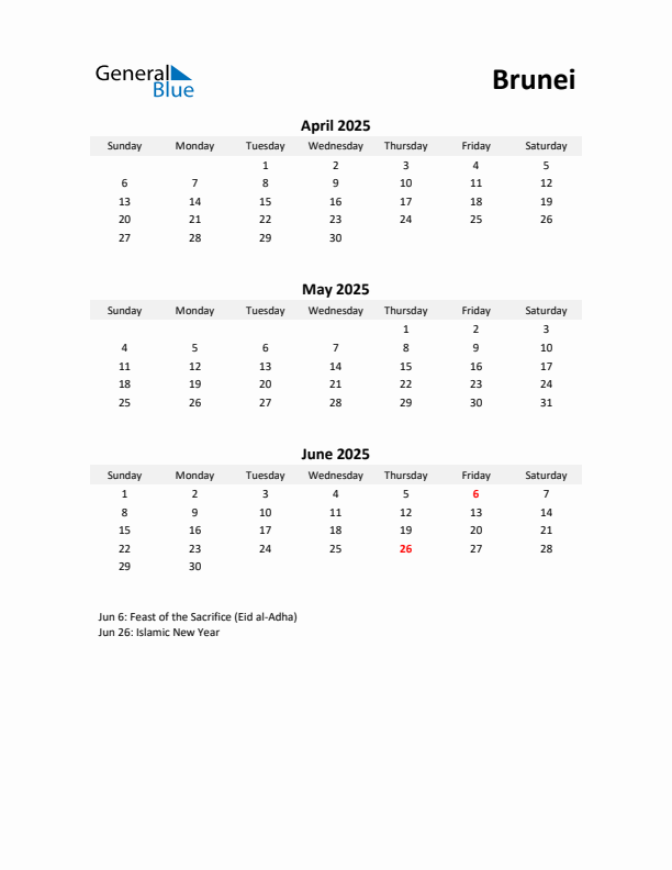 Printable Quarterly Calendar with Notes and Brunei Holidays- Q2 of 2025