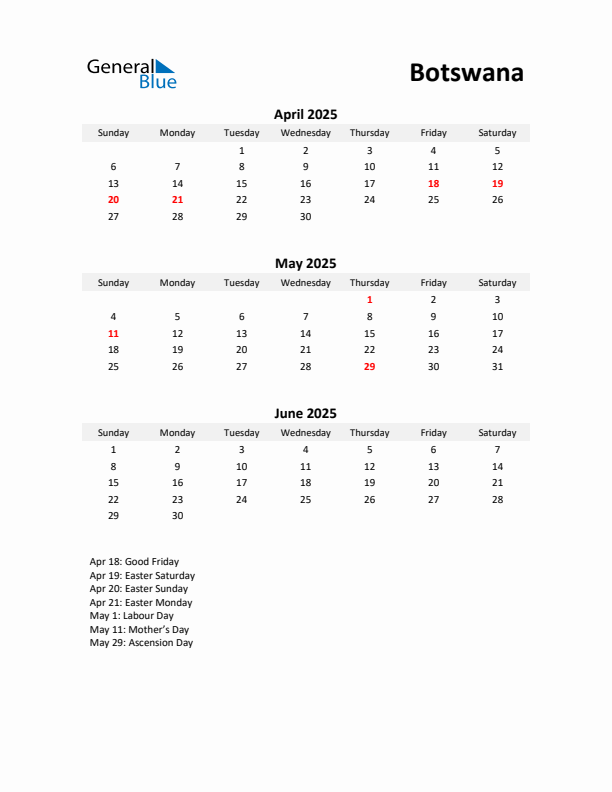 Printable Quarterly Calendar with Notes and Botswana Holidays- Q2 of 2025