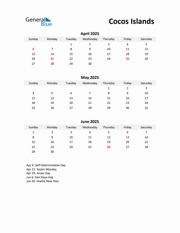 Printable Quarterly Calendar with Notes and Cocos Islands Holidays- Q2 of 2025