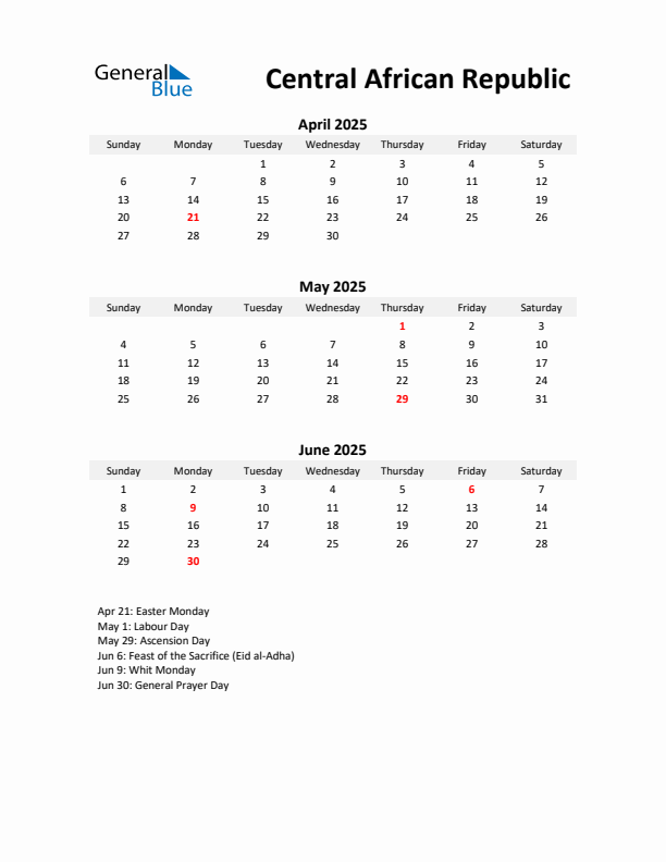 Printable Quarterly Calendar with Notes and Central African Republic Holidays- Q2 of 2025